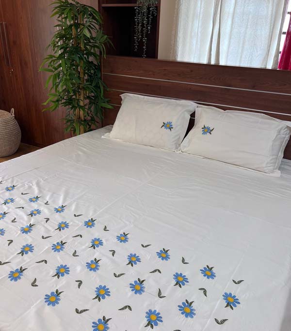 PREMIUM SATIN BLUE FLOWER EMBROIDERY BEDSHEET HD 749