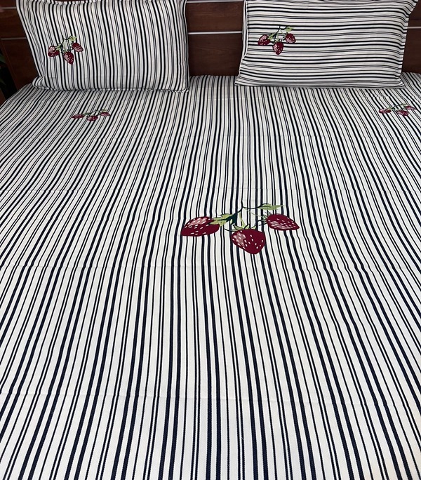 King Black Strips Strawberry Embroidery Bed Sheet