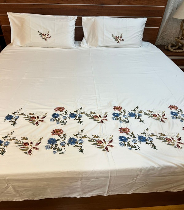 White Bedsheet With Flower Embroidery