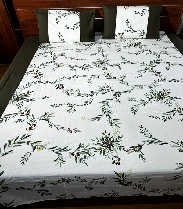 White and Green Queen Border bedsheet  leaf print