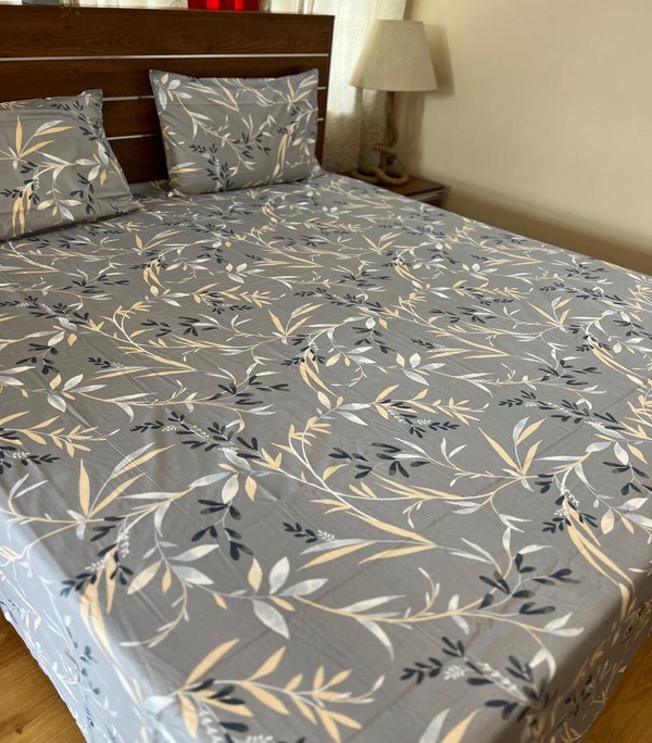 Super King Gray Bedsheet with Leaf Print