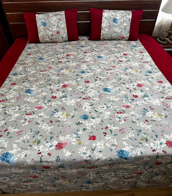 Two Side Border Bedsheet Gray & Red